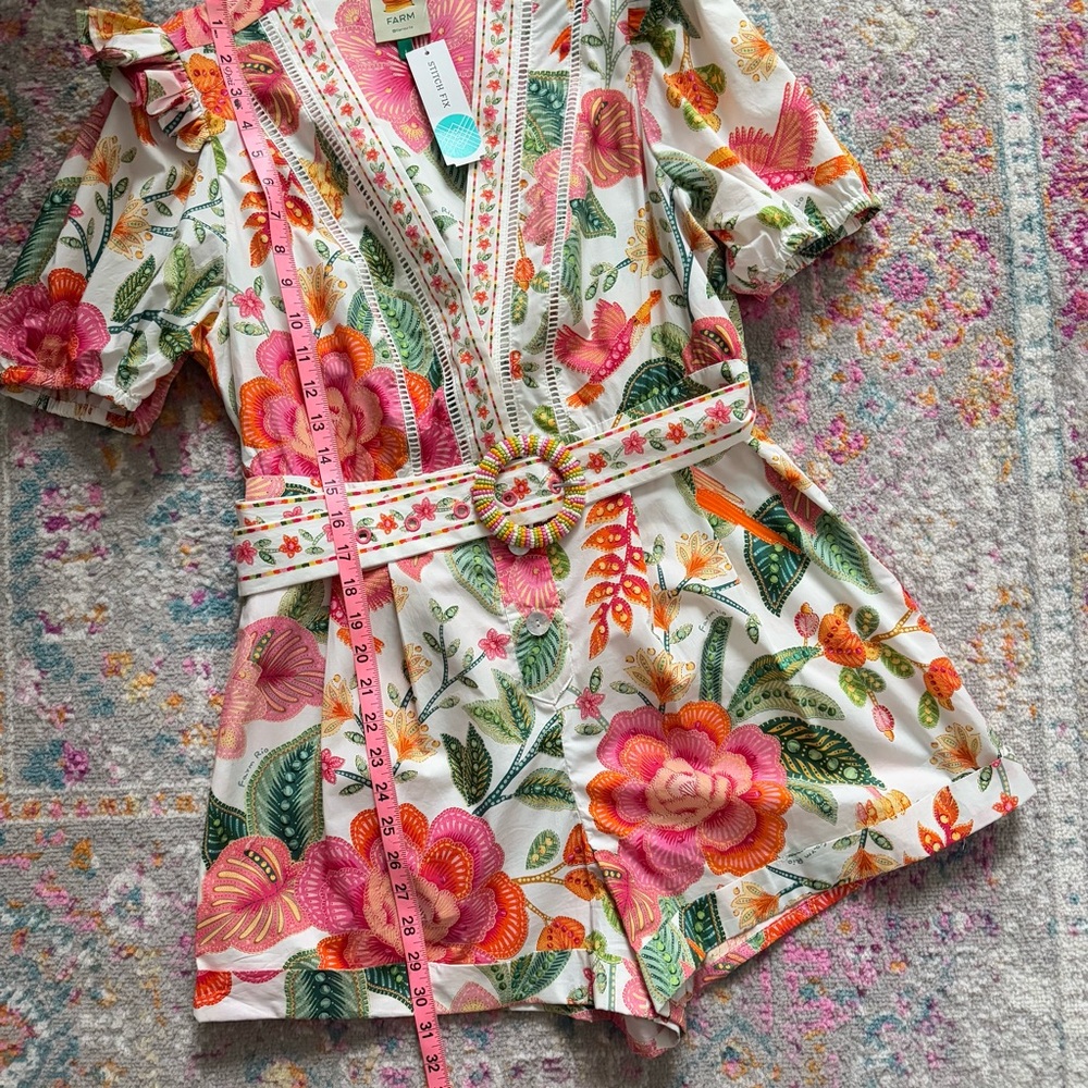 NWT FARM Rio Pink, Green & Orange Tropical Floral Belted Romper - Picture 8 of 15